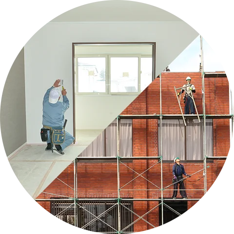 内装・外装工事のイメージ。室内の壁の仕上げと、足場を組んだ外壁のリニューアル。看板だけでなく内外装も一括で施工可能です。