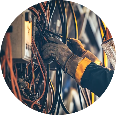 電気工事のイメージ。作業員が保護手袋を着用し配線作業中。看板の照明に関する電気工事もワンストップで提供します。